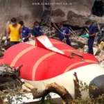 Air India flight AI 171 crash site with emergency responders, highlighting the tragic aviation disaster.