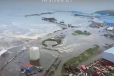 A massive tsunami wave crashing into a coastal city, illustrating the destructive power of ocean surges caused by earthquakes.