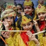 Devotees celebrating Janmashtami with dahi handi, dancing, and prayers in a vibrant temple setting.