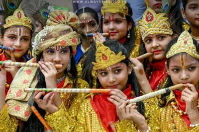 Devotees celebrating Janmashtami with dahi handi, dancing, and prayers in a vibrant temple setting.