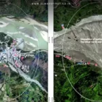 Satellite image of Dharali village after flash flood shows widespread debris and submerged buildings.