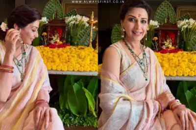 Bollywood actor Sonali Bendre smiles in a beautiful green silk saree for Ganesh Chaturthi celebrations, showcasing traditional Indian elegance.