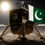 Illustration of Pakistan and China collaborating on a lunar mission with a rover on the Moon’s surface.