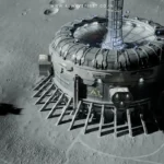 NASA concept image of a compact nuclear reactor powering a futuristic Moon base under the lunar night sky.