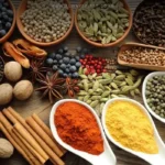 Assorted herbs and spices in bowls with fresh ingredients on a wooden table for natural health benefits.