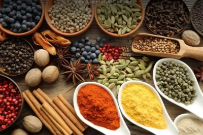 Assorted herbs and spices in bowls with fresh ingredients on a wooden table for natural health benefits.