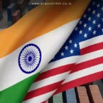Indian and US flags with an oil barrel symbolizing the energy dispute between the two nations
