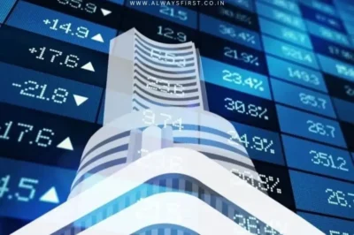 A dynamic graph showing the Sensex and Nifty 50 index values climbing upwards, with a bull statue representing the Bombay Stock Exchange in the foreground.