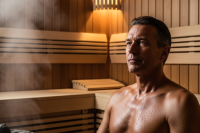 A person relaxing in a traditional wooden sauna with steam, representing immune system stimulation through heat.