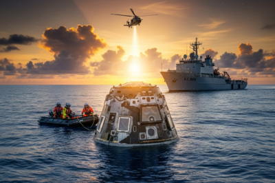 NASA Artemis II Orion spacecraft splashdown and recovery operation in the Pacific Ocean
