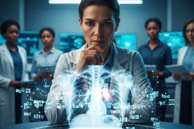 Illustration of human lungs surrounded by icons representing various health comorbidities and medical data