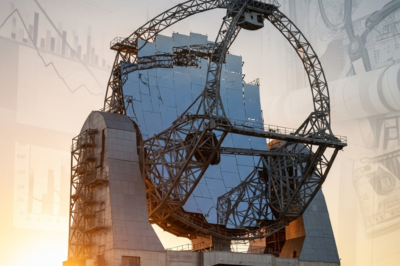 A detailed artist's impression of the Giant Magellan Telescope in the Chilean desert showing its seven massive mirrors under a starry sky.