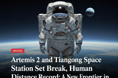 Illustration of NASA's Orion spacecraft orbiting the Moon with China's Tiangong Space Station in Earth orbit.