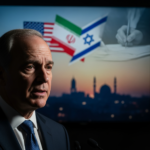 Political map of the Middle East showing Iran and Israel with a diplomatic seal over the United States flag.