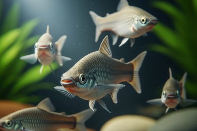 Scientific illustration and macro photography of the Amazon molly fish in a freshwater ecosystem.