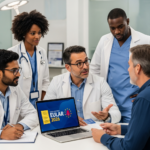 Illustration of a futuristic medical conference focusing on patient-centric rheumatology care and digital health integration.