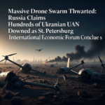 Russian air defense systems and electronic warfare units intercepting a drone swarm over a city skyline.