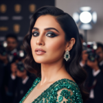 A glamorous and sophisticated portrait of Wamiqa Gabbi in a vintage-inspired aesthetic, showcasing her expressive eyes and classic Indian beauty.