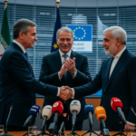Diplomatic leaders discussing the U.S.-Iran peace deal in a formal setting with EU and international flags.