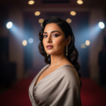 A glamorous portrait of Triptii Dimri in a sophisticated ethnic outfit with elegant makeup and a soft smile.