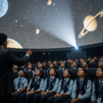 The dome of Guwahati Planetarium under a starry night sky representing astronomical education for students.