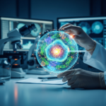A detailed 3D visualization of a complex biological network showing interconnected proteins and molecules within a human cell.