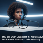 A close-up view of the new Ray-Ban Meta smart glasses showing the sleek frames and integrated camera sensor on a wooden table.