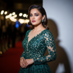 A glamorous and sophisticated portrait of Wamiqa Gabbi posing in a vintage-style velvet gown with elegant jewelry.
