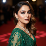 A glamorous and sophisticated portrait of Sobhita Dhulipala wearing an elegant emerald green evening gown with subtle diamond jewelry.