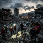 Aerial view of earthquake damage in Venezuela with collapsed buildings and rescue workers.