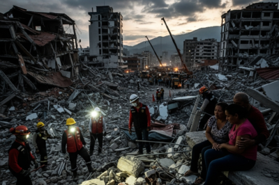 Aerial view of earthquake damage in Venezuela with collapsed buildings and rescue workers.