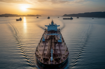 Oil tankers traveling through the Strait of Hormuz during a calm sea morning representing stabilized global oil supply.