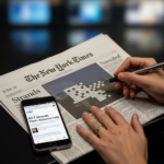 A digital representation of the NYT Strands word search puzzle grid with letters connected by a blue line.
