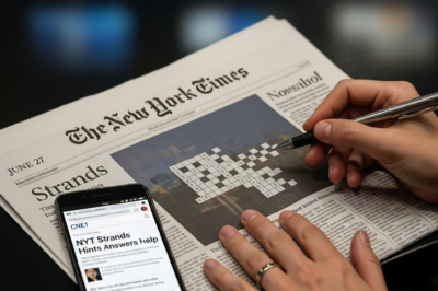 A digital representation of the NYT Strands word search puzzle grid with letters connected by a blue line.