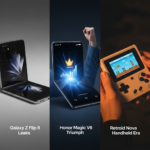 Collage of latest Android devices including Galaxy Z Flip 8 concept, Honor Magic V6 foldable, and Retroid Nova gaming handheld.