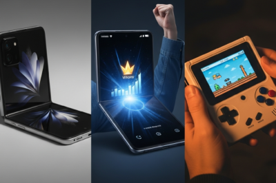 Collage of latest Android devices including Galaxy Z Flip 8 concept, Honor Magic V6 foldable, and Retroid Nova gaming handheld.