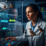 Artificial intelligence visualization analyzing a Zebra Finch's vocal patterns and frequency spectrograms.