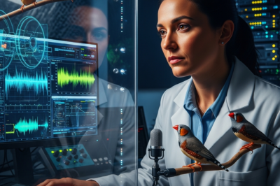 Artificial intelligence visualization analyzing a Zebra Finch's vocal patterns and frequency spectrograms.