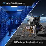 Illustration showing a high-tech data center interior merging into a lunar landscape with a commercial moon lander.
