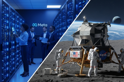 Illustration showing a high-tech data center interior merging into a lunar landscape with a commercial moon lander.