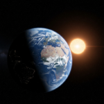 Artist's impression of the Super-Earth LHS 1140 b showing a liquid ocean 'eyeball' on its star-facing side and an icy surface elsewhere.