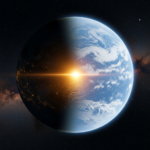 Exoplanet LHS 1140b illustration showing a liquid ocean on the day side and ice on the night side orbiting a red dwarf star