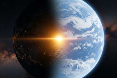 Exoplanet LHS 1140b illustration showing a liquid ocean on the day side and ice on the night side orbiting a red dwarf star