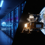 Meta data center servers and a conceptual NASA lunar lander on the moon's surface representing technological advancement.