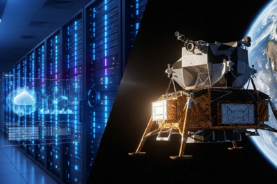 Meta data center servers and a conceptual NASA lunar lander on the moon's surface representing technological advancement.