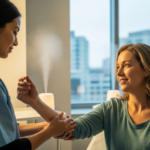 A clinical therapist performing a gentle hand massage with essential oils on a cancer patient to demonstrate integrative oncology techniques.