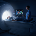 A high-resolution MRI scan of human lungs showing detailed tissue structure without radiation exposure.
