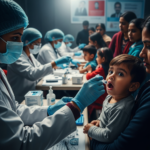 Medical workers administering oral polio drops to a child during a special immunization drive in Ghaziabad.