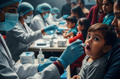 Medical workers administering oral polio drops to a child during a special immunization drive in Ghaziabad.