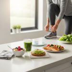 Sustainable weight loss concept showing healthy food, exercise equipment, and a measuring tape on a wooden background.